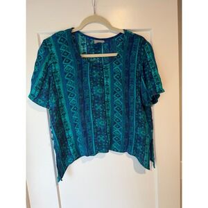 Rabbit Rabbit Designs Teal Blue Geometric Print Rayon Sharkbite Blouse Size 14M